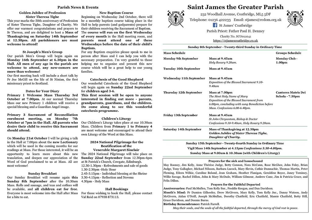 Parish bulletin for 15 September St James the Greater Parish Church
